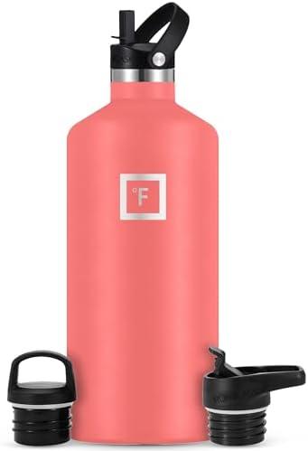 IRON °FLASK Camping & Hiking Hydration Canteens - 3 Lids (Narrow Straw Lid) Leak Proof Vacuum Insulated Stainless Steel - Hot & Cold Double Walled Sports Water Bottle - Peach, 64 Oz