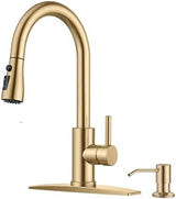 FORIOUS Gold Kitchen Faucet with Soap Dispenser and Pull Down Sprayer, High Arc Single Handle Classic 3 Modes Stainless Steel Faucet for Kitchen Sink Farmhouse RV Bar Laundry Camper