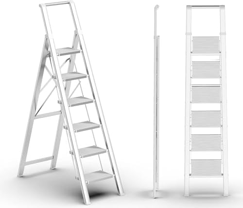 6 Step Ladder, Folding Step Stool with Handgrip and Anti-Slip Wide Pedal, Portable Lightweight Aluminum Stepladder for Kitchen, Home, Library, Office (300 lbs Capacity) - White