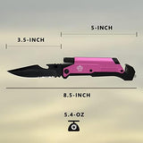 8.5" Military Outdoor Hunting Camping Pocket Knife, 7 in 1 Multi-Function Folding Knives with Fire Starter LED Light Seatbelt Cutter Glass Breaker Bottle Opener Tactical Blade (Pink)