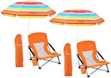 Low Beach Chair for Adults Beach Chair with Umbrella Folding Chair Detachable SPF 50+ Umbrella, Armrests, Cup Holder, Portable Sand Chair (2-Pack Orange)