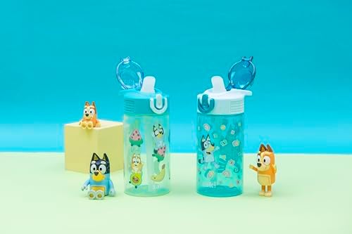 Zak Designs Bluey Sage Kids Water Bottle For School or Travel, 16oz Durable Plastic Water Bottle With Straw, Handle, and Leak-Proof, Pop-Up Spout Cover, 2-Pack Set (Bluey & Bingo)