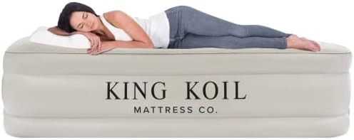 King Koil Luxury Built-in Pillow Top Queen Air Mattress with Built-in High-Speed Pump Best for Home, Camping, Guests, 20" Queen Size Double High Airbed, Blow Up Mattress, Waterproof, 1-Year Warranty