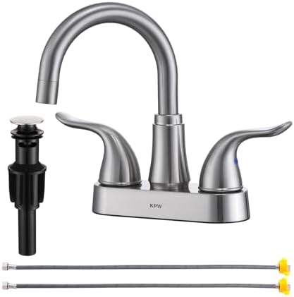 KPW Bathroom Sink Faucet 2 or 3 Hole Brushed Nickel Centerset 4 Inch Bathroom Sink Faucet 2 Handle Over ABS Non-Metallic Lavatory Bathroom Faucet with Pop up Drain Water Supply Hoses
