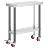 VEVOR Stainless Steel Work Table 30 x 12 x 34 Inch, 700 LBS Load Capacity with 4 Wheels, 3 Adjustable Height Levels, Heavy Duty Food Prep Worktable for Commercial Kitchen Restaurant, Silver