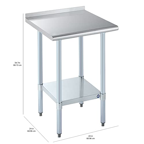 ROCKPOINT Stainless Steel Table for Prep & Work with Backsplash 24x24 Inches, NSF Metal Commercial Kitchen Heavy Duty Table with Adjustable Under Shelf and Table Foot for Restaurant, Home and Hotel