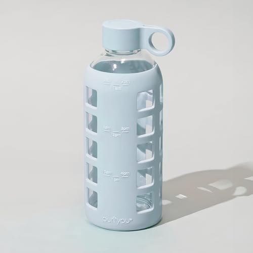 purifyou 40/32/22/12 oz Borosilicate Glass Water Bottles with Volume Markers, Silicone Sleeve, Stainless Steel Lid, Reusable Bottle for Water, Juice, Gym, and Fridge Storage (22oz Ice Blue)