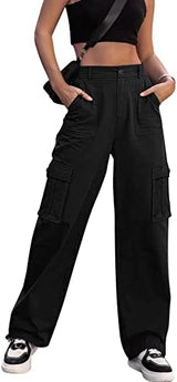 ZMPSIISA Women High Waisted Cargo Pants Wide Leg Casual Pants 6 Pockets Combat Military Trousers