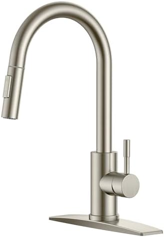 FORIOUS Kitchen Faucet with Pull Down Sprayer, Brushed Nickel High Arc Modern Classic Sink Faucet Stainless Steel with Deck Plate Fit for 1 or 3 Hole for Pot Filler Bar Farmhouse Laundry Rv
