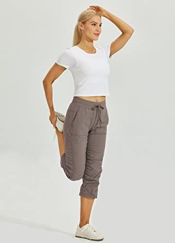 Willit Women's Quick-Dry Capris Hiking Travel Pants Striped Woven Workout Pants with Pockets Lightweight