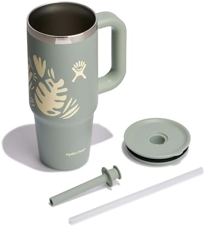 Hydro Flask 24 Oz Travel Tumbler with Handle, Lid and Straw - Insulated Stainless Steel in 24 Oz Botanical Bliss Agave Green