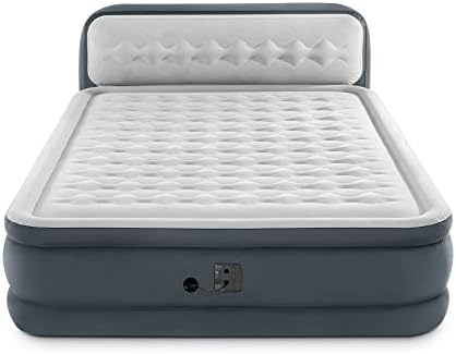 Intex 64447ED Dura-Beam Deluxe Ultra Plush Air Mattress with Headboard: Fiber-Tech – Queen Size – Built-in Electric Pump – 18in Bed Height – 600lb Weight Capacity
