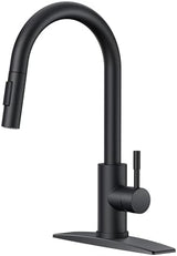 FORIOUS Black Kitchen Faucet with Pull Down Sprayer, High Arc Modern Classic Sink Faucet Stainless Steel with Deck Plate Fit for 1 or 3 Hole for Pot Filler Bar Farmhouse Laundry Rv