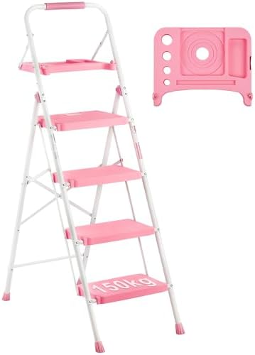 BONTEC 4-Step Ladder, 400lbs Max Load, Folding Step Stool with Tool Tray, Anti-Slip Pedals, Sturdy Steel, Lightweight Portable Ladder with Handrail for Home & Work Use, Pink