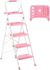 BONTEC 4-Step Ladder, 400lbs Max Load, Folding Step Stool with Tool Tray, Anti-Slip Pedals, Sturdy Steel, Lightweight Portable Ladder with Handrail for Home & Work Use, Pink