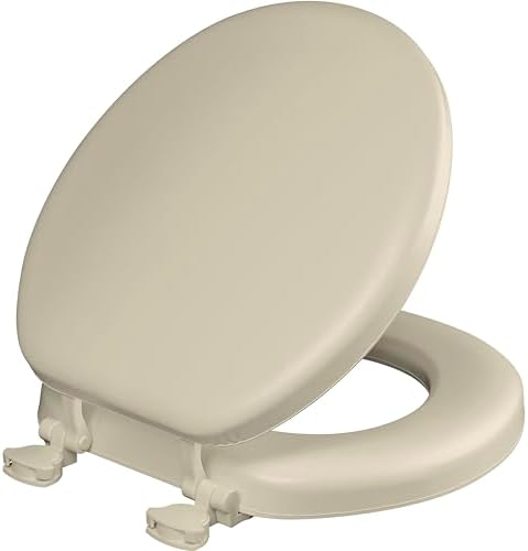 Mayfair Padded Toilet Seat, Cushioned Soft Vinyl over Wood Core Seat, Secure Hinges, Easy Clean, Round, Bone