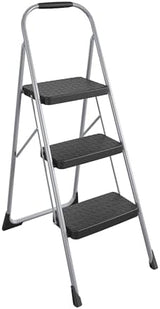 Cosco 11408PBL1E Three Step Big Step Folding Step Stool with Rubber Hand Grip, Grey