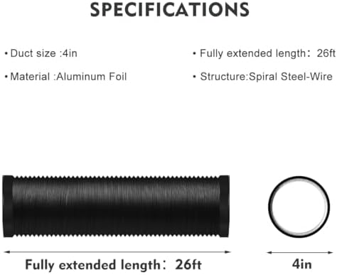 4-Inch Dryer Vent Hose 26FT, Flexible Aluminum Duct with 2 Clamps, Heavy-Duty Four Layer Protection for HVAC Ventilation and Exhaust Black