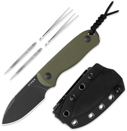 Kizer Drop Bear Fixed Blade Knife, 2.57" Black Stonewash D2 Blade EDC Camping Knife with Olive Green G10 Handle & Hidden Tool, Full Tang Hunting Survival Knives with Adjustable Kydex Sheath, 1094M1