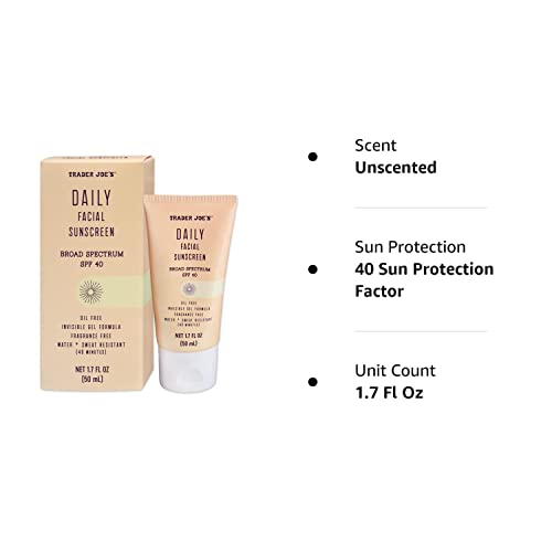 Trader Joe’s Daily Facial Sunscreen Broad Spectrum SPF 40 Oil Free Invisible Gel Formula Fragrance Free Water Sweat Resistant, 1.70 Fl Oz (Pack of 1)