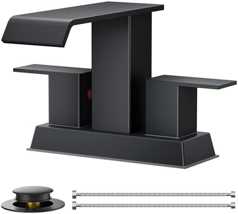 FORIOUS Square Waterfall Matte Black Bathroom Faucets 3 or 2 Hole for 4 Inch Centerset Sink with Metal Pop Up Drain and Hose, Double Handle Operation, Suitable for Vanity RV Restroom Remodel