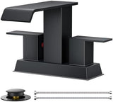 FORIOUS Square Waterfall Matte Black Bathroom Faucets 3 or 2 Hole for 4 Inch Centerset Sink with Metal Pop Up Drain and Hose, Double Handle Operation, Suitable for Vanity RV Restroom Remodel