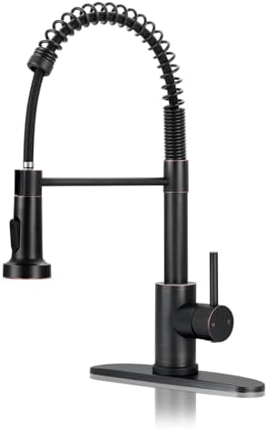 DJS Kitchen Faucets with Pull Down Sprayer Oil Rubbed Bronze -【High Arc】 Single Handle 1 or 3 Holes Spring Kitchen Sink Faucet with Deck Plate for Farmhouse RV Vessel Basin