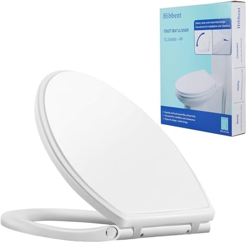 Hibbent Premium Round Toilet Seat with Cover Quiet Close, One-Click to Quick Release, Easy Installation Non-Slip Seat Bumpers, Slow Close Toilet Seat and Cover, Easy Cleaning-White Color