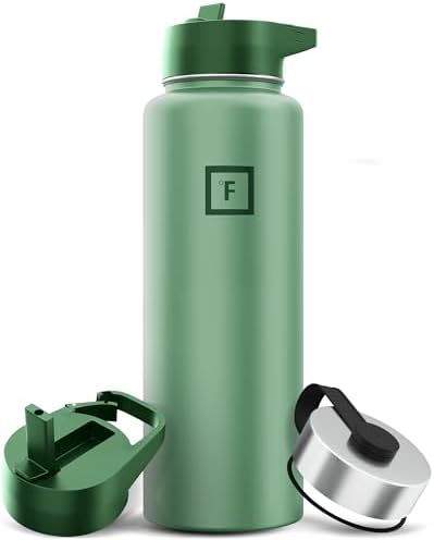 IRON °FLASK Camping & Hiking Hydration Flask with 3 Lids - Stainless Steel, Double Walled & Vacuum Insulated Water Bottle - Leak Proof & BPA Free (Sage Grove, Straw - 40 oz)