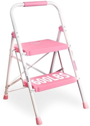 BONTEC 2-Step Ladder, Folding Step Stool, 600lbs Max Load Capacity, Sturdy Steel, Non-Slip Pedals, Lightweight, Portable Steel Ladder with Convenient Handrail, Safety Design for Home & Work, Pink