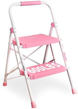 BONTEC 2-Step Ladder, Folding Step Stool, 600lbs Max Load Capacity, Sturdy Steel, Non-Slip Pedals, Lightweight, Portable Steel Ladder with Convenient Handrail, Safety Design for Home & Work, Pink