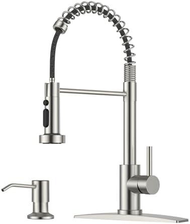 FORIOUS Kitchen Faucet with Soap Dispenser, Burhsed Nickel Stainless Steel Single Handle Modern Spring Commercial Sink Faucet with Pull Down Sprayer for RV Camp Bar Farmhouse