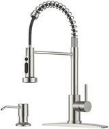 FORIOUS Kitchen Faucet with Soap Dispenser, Burhsed Nickel Stainless Steel Single Handle Modern Spring Commercial Sink Faucet with Pull Down Sprayer for RV Camp Bar Farmhouse