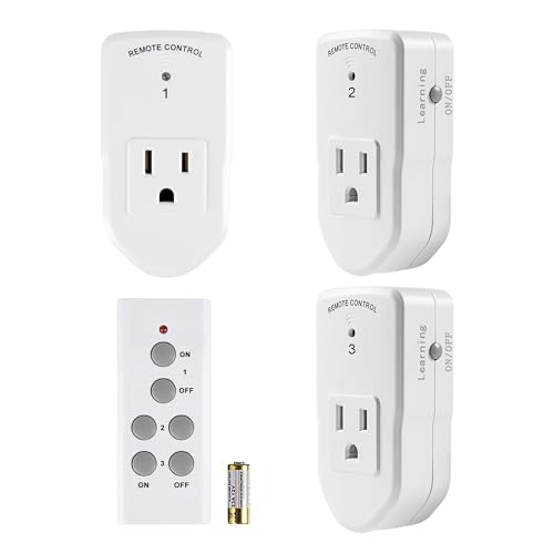 BN-LINK Wireless Remote Control Electrical Outlet Switch for Lights, Fans, Christmas Lights, Small Appliance, Long Range White (Learning Code, 3Rx-1Tx) 1200W/10A