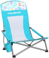 HAUSHOF High Back Beach Chair, Mesh Back Folding Chair, Lightweight Low Seat Camping Chairs with Cup Holder, Carry Bag, Padded Armrest for Outdoor Beach Lawn Camping Picnic Festival