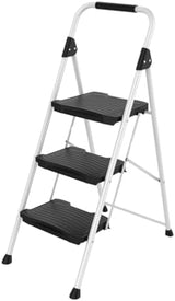 KINGRACK 3 Step Folding Ladder, 900 lbs Load Capacity, Non-Skid Large Pedals, Handrail, Safety Lock, Sturdy Step Stool for Home, Office, Garden, Multi-Purpose, White