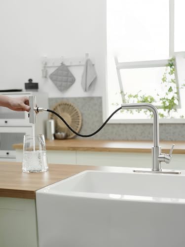 Kitchen Faucets with Pull Down Sprayer,Waterfall Kitchen Sink Faucet,Commercial Utility Stainless Steel Kitchen Faucets,Single Handle Kitchen Sink Faucet with Pull Down Sprayer for 3 Function,Brushed