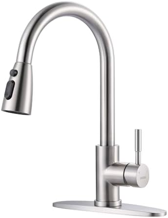 WOWOW Kitchen Faucet with Sprayer, Kitchen Sink Faucet, SUS 304 Stainless Steel, High Arc Single Handle Brushed Nickel Kitchen Faucets with Pull Down Sprayer, Pull Out Kitchen Faucet with Deck Plate