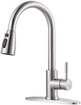 WOWOW Kitchen Faucet with Sprayer, Kitchen Sink Faucet, SUS 304 Stainless Steel, High Arc Single Handle Brushed Nickel Kitchen Faucets with Pull Down Sprayer, Pull Out Kitchen Faucet with Deck Plate
