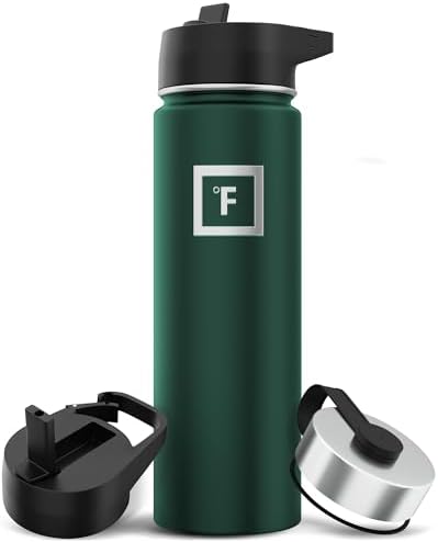 IRON °FLASK Camping & Hiking Hydration Flask with 3 Lids - Stainless Steel, Double Walled & Vacuum Insulated Water Bottle - Leak Proof & BPA Free (Dark Pine, Straw - 22 oz)