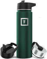 IRON °FLASK Camping & Hiking Hydration Flask with 3 Lids - Stainless Steel, Double Walled & Vacuum Insulated Water Bottle - Leak Proof & BPA Free (Dark Pine, Straw - 22 oz)