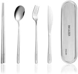 Travel Cutlery Set - 18/8 Stainless Steel Reusable Utensils with Metal Case, Portable Silverware for Camping, Office, Travel & Outdoor Dining