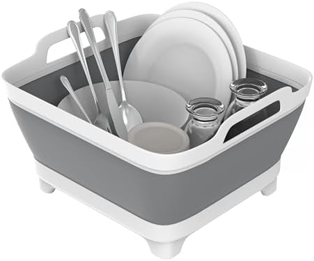 Dishpan, 9L Collapsible Washing Basin (Gray, PP, TPR), Portable Dish Tub with Drain Plug, Space-Saving Drying Rack for Kitchen, Camping, Laundry use