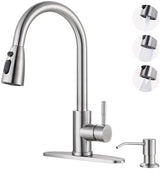 WOWOW Kitchen Faucet with Soap Dispenser: 304 Stainless Steel Kitchen Sink Faucet with Pull Down Sprayer 3 Modes, Single Handle High Arc Mixer Taps for Sink, RV, Laundry, Bar (Brushed Nickel)
