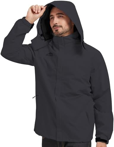 ELLSWOS Men's Waterproof Raincoat Lightweight Rain Jacket with Detachable Hood Softshell Windbreakerl for Hiking Travel