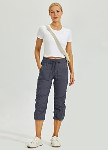 Willit Women's Quick-Dry Capris Hiking Travel Pants Striped Woven Workout Pants with Pockets Lightweight