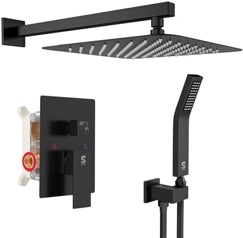 SR SUN RISE 12 Inches Matte Black Shower System 12 Inch Brass Bathroom Luxury Rain Mixer Shower Combo Set Wall Mounted Rainfall Shower Head System Shower Faucet Rough-in Valve Body and Trim Included