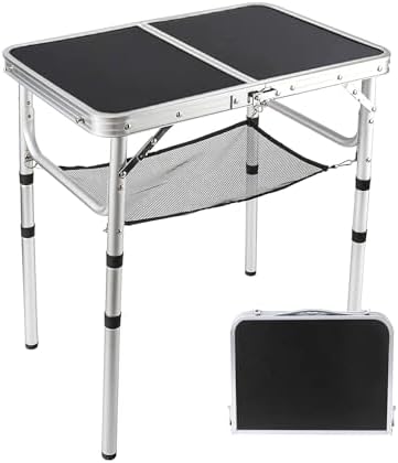 Small Folding Table 2 Foot, Portable Camping Table with Mesh Holders,Lightweight Aluminum Adjustable Height, with Carry Handle for Camping Picnic Indoor Outdoor, White 24 x 16 inch (Black