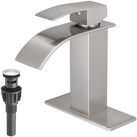 VOTON Waterfall Bathroom Faucets Brushed Nickel Modern Single Handle Sink Faucet for 1 or 3 Holes with Deck Plate and Pop-Up Drain, Rv Sink Camper Farmhouse Faucet