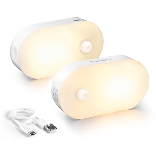 Lyridz Rechargeable Battery Night Light with Motion Sensor, Portable Mini Warm White LED Stick-on Closet Light, Adjustable Brightness for Bathroom, Bedroom, Kitchen, Cabinet, Stairs, Hallway, 2-Pack